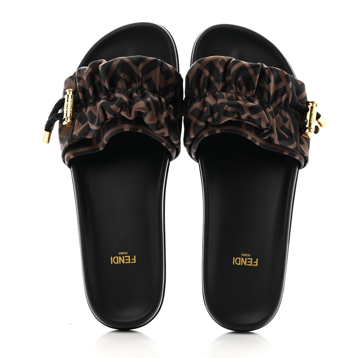 Fendi Satin FF Fendi Feel Slide Sandals 39 Tobacco Black 2 of 8