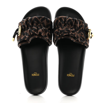 Fendi Satin FF Fendi Feel Slide Sandals 39 Tobacco Black 2 of 8