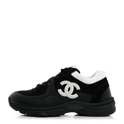 Chanel Mesh Suede Grained Calfskin Womens CC Sneakers 38 Black White 1 of 9