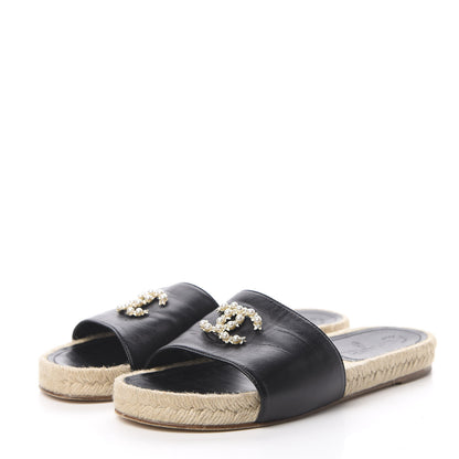 Chanel Lambskin Pearl CC Espadrille Slip On Sandals 39 Black 3 of 11