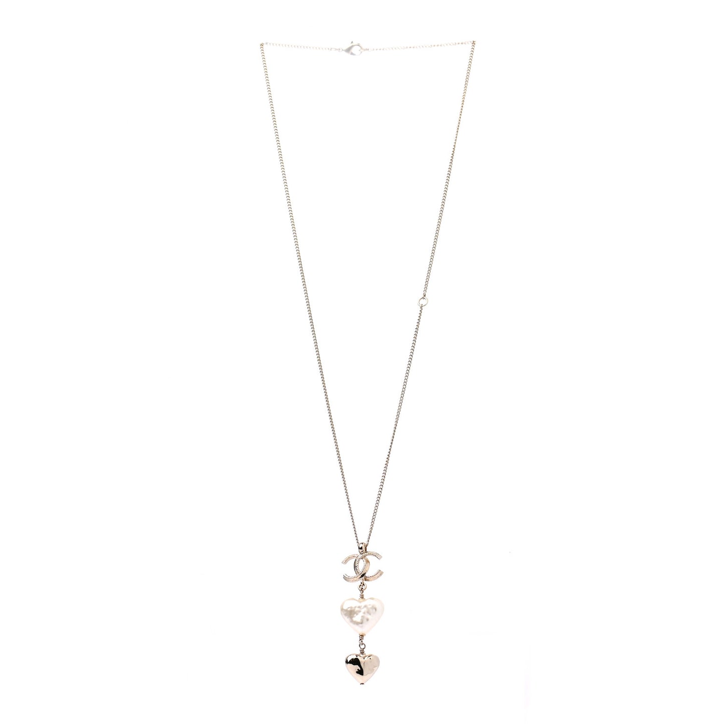 Pearl CC Double Heart Drop Necklace Pearly White Gold