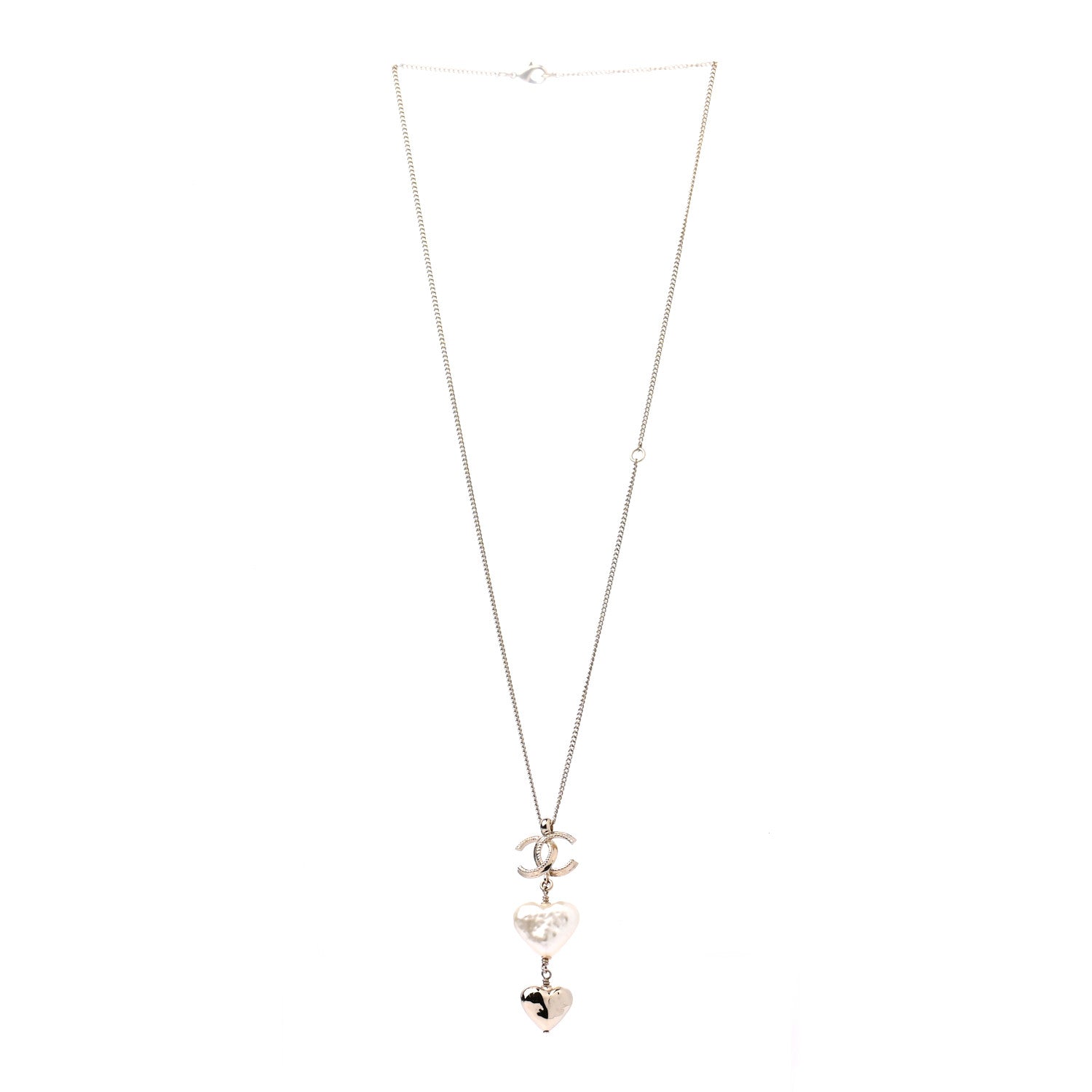 Chanel Pearl CC Double Heart Drop Necklace Pearly White Gold 3 of 5