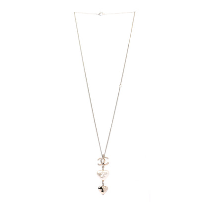Chanel Pearl CC Double Heart Drop Necklace Pearly White Gold 3 of 5