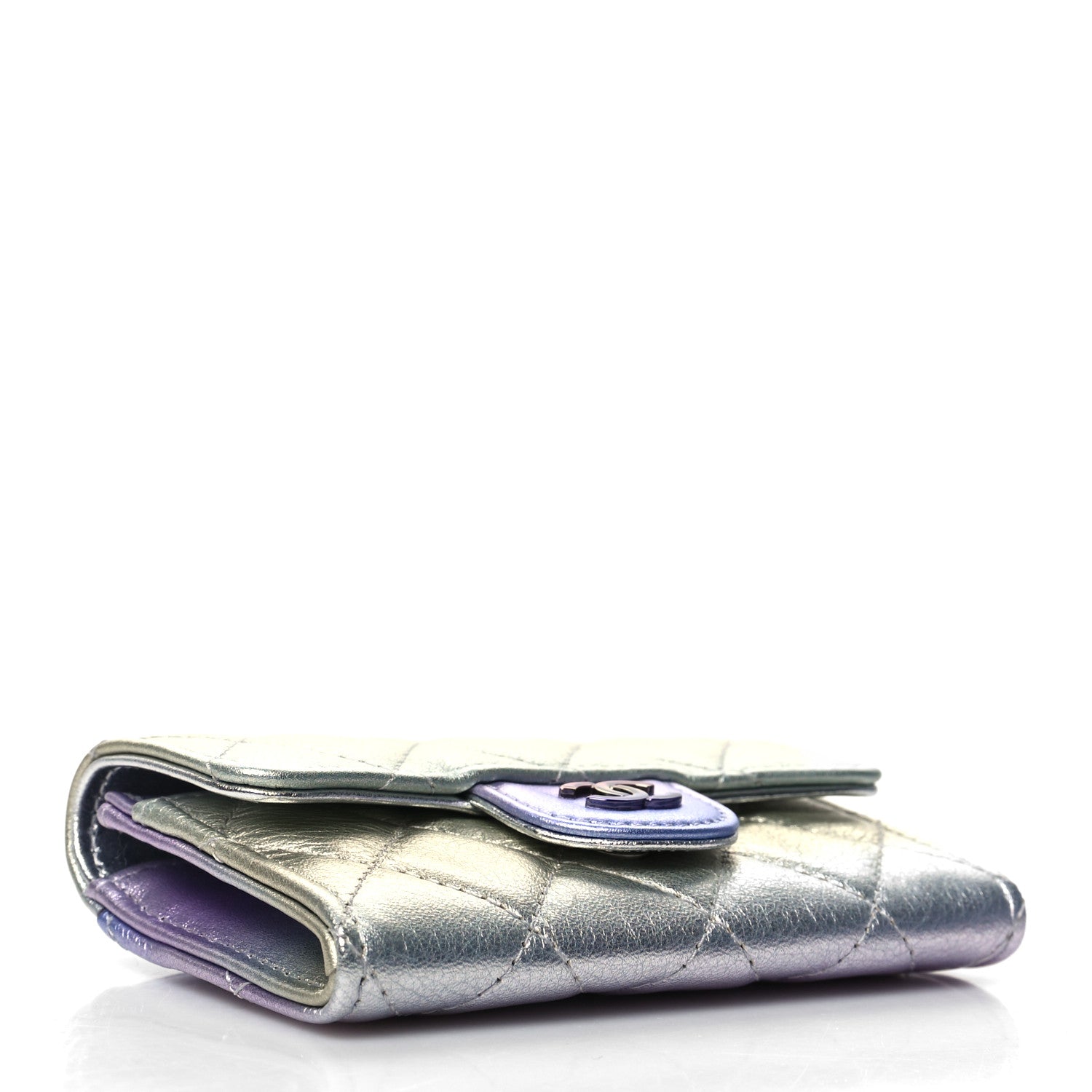 Chanel Gradient Metallic Calfskin Quilted Flap Card Holder Wallet Silver Blue Yellow Purple 4 of 10