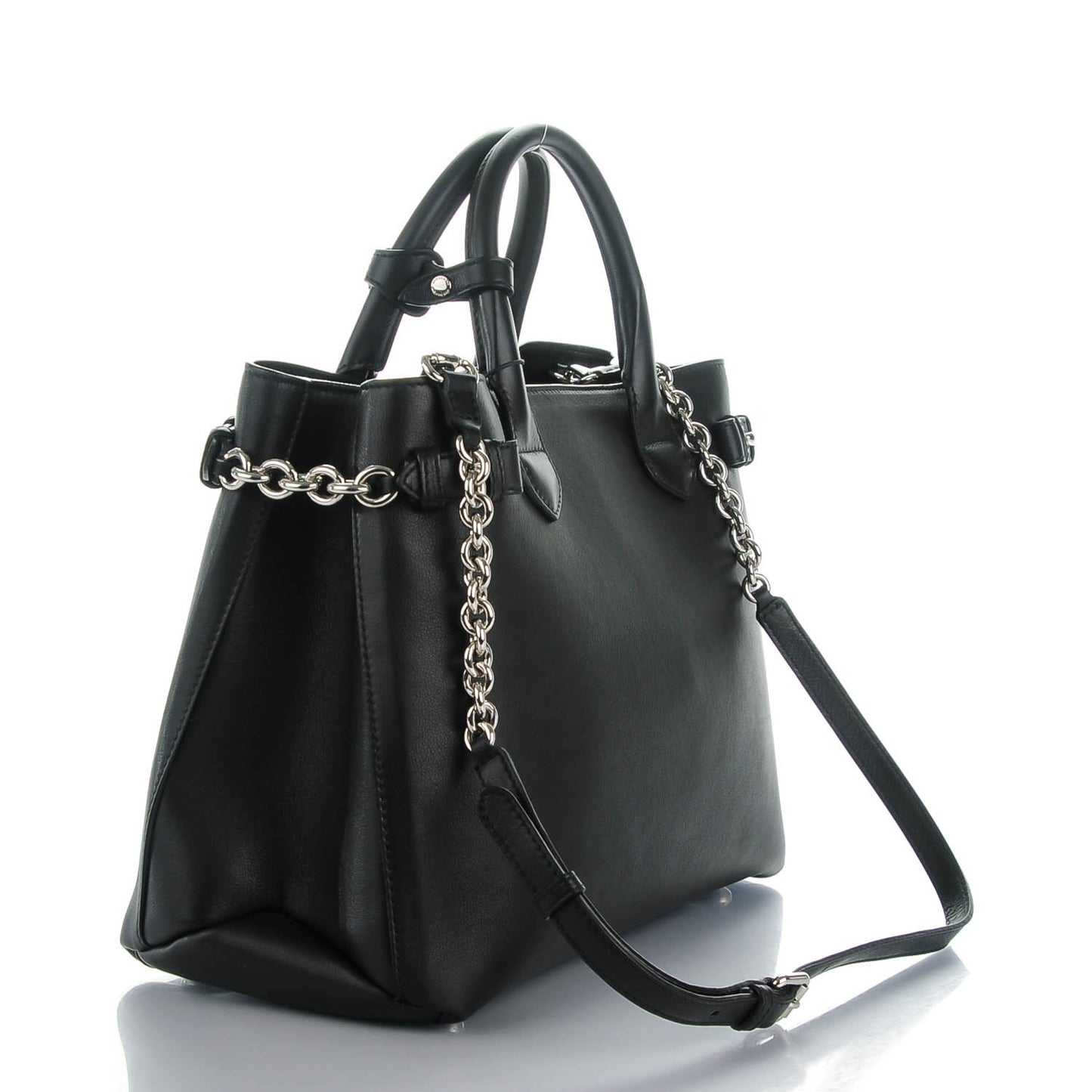 Smooth Calfskin Medium Chain Banner Tote Black