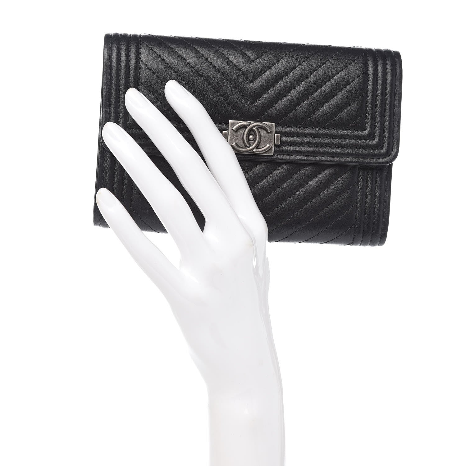 Chanel Calfskin Chevron Quilted Medium Boy Flap Wallet Black 2 of 8