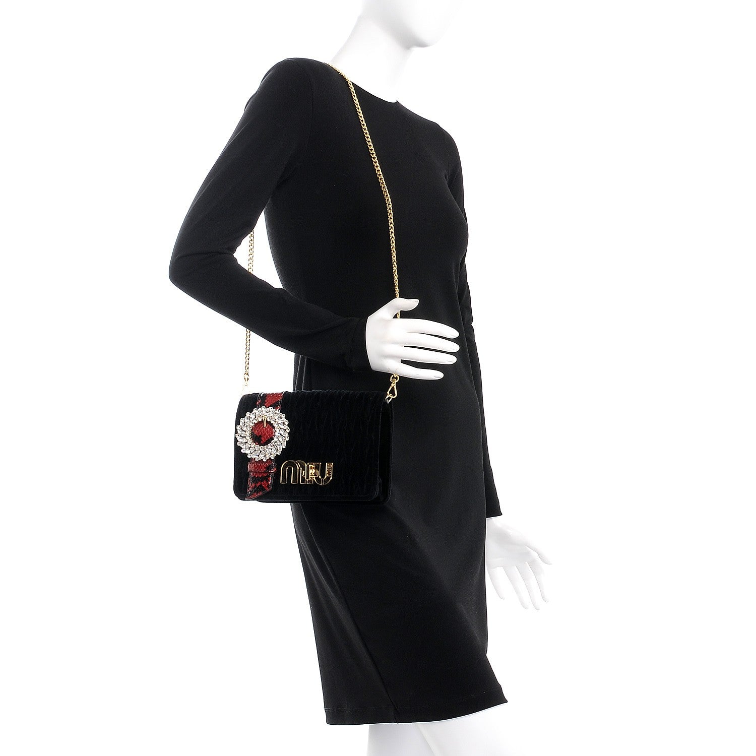 Miu Miu Velluto Matelasse Ayers Crystal Embellished Shoulder Bag Nero Black Rosso 2 of 6