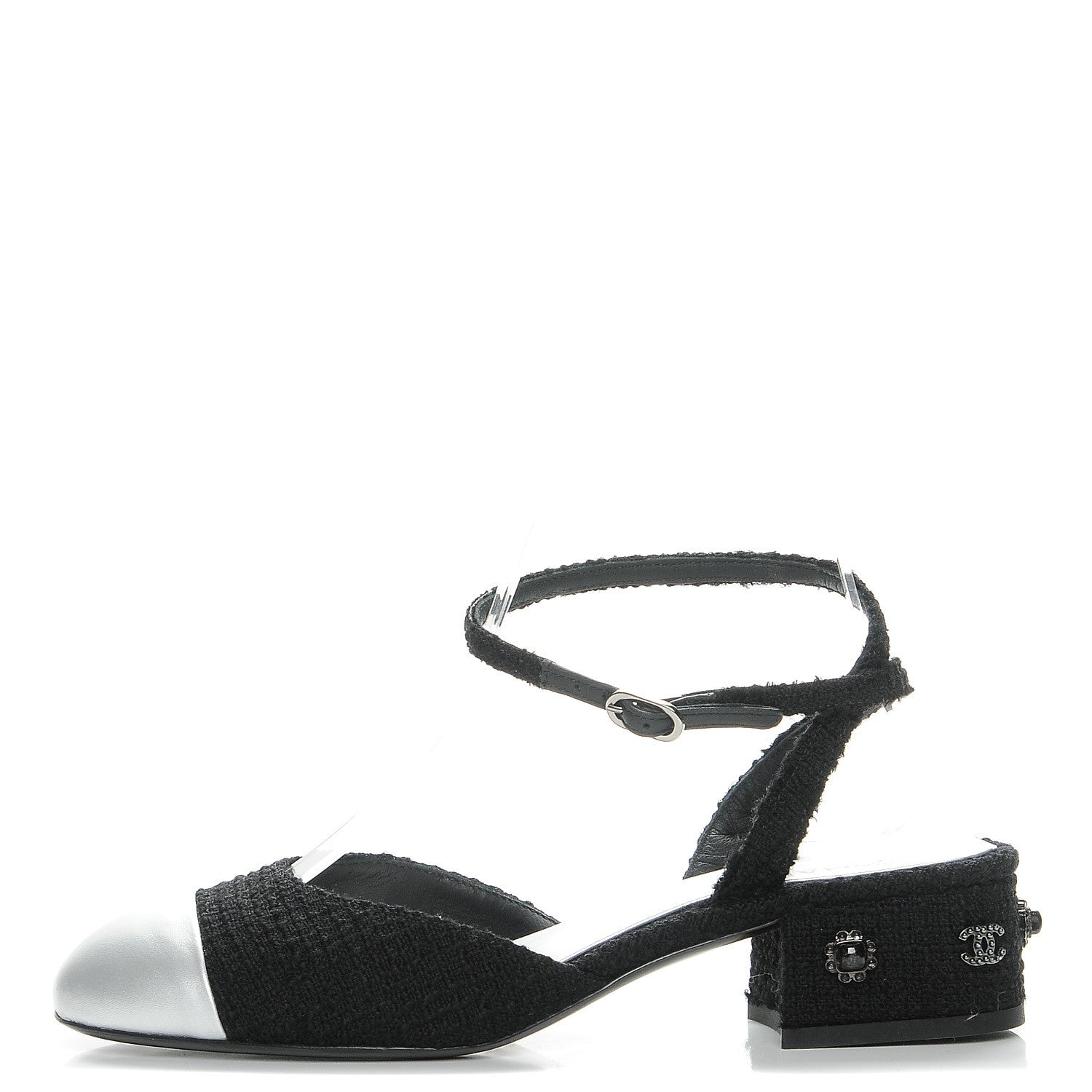 Chanel Tweed Iridescent Calfskin Heels 37 Black Silver 1 of 9