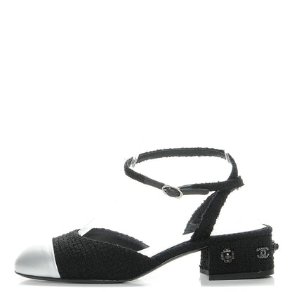 Chanel Tweed Iridescent Calfskin Heels 37 Black Silver 1 of 9