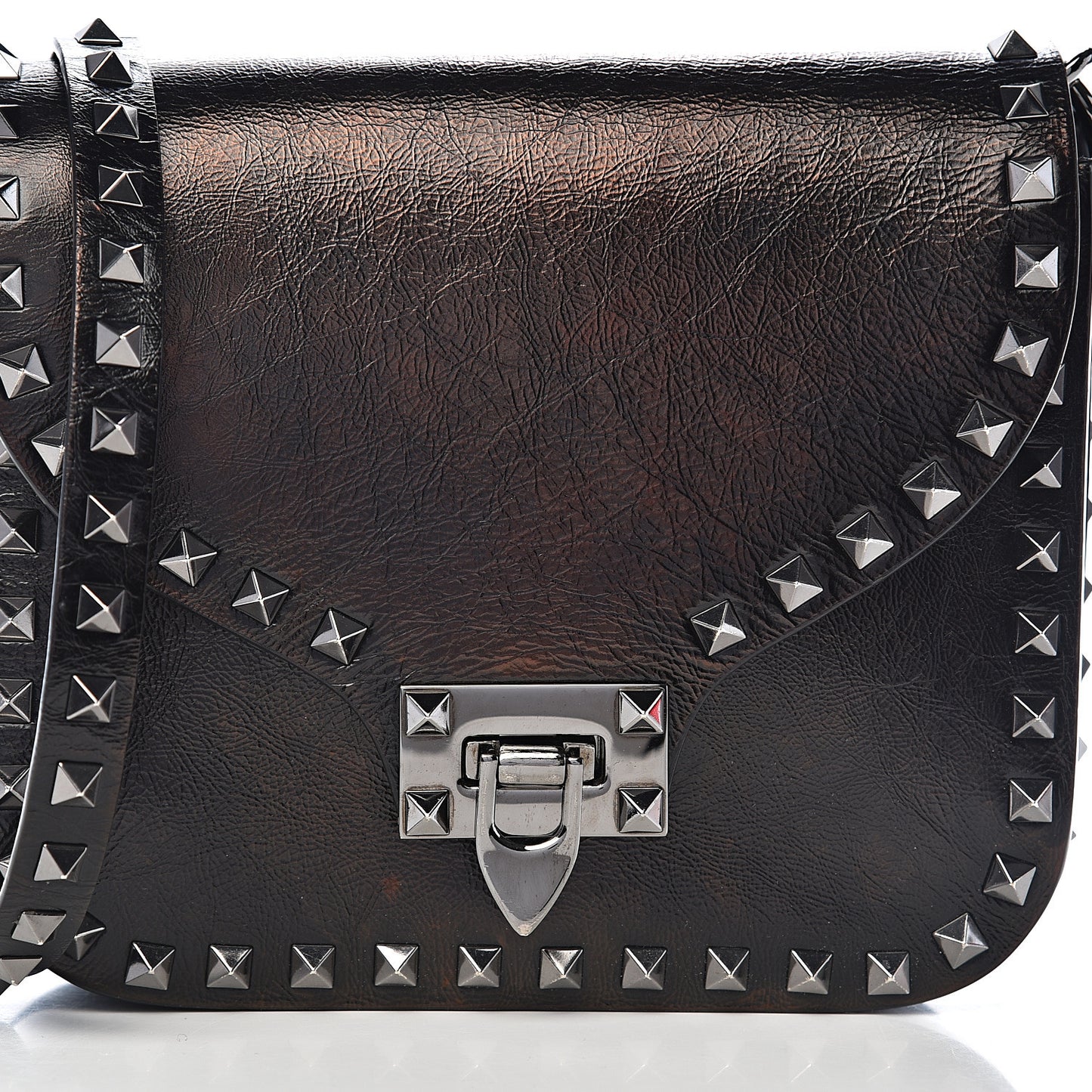Craquele Calfskin Rockstud Shoulder Flap Messenger Bag Black