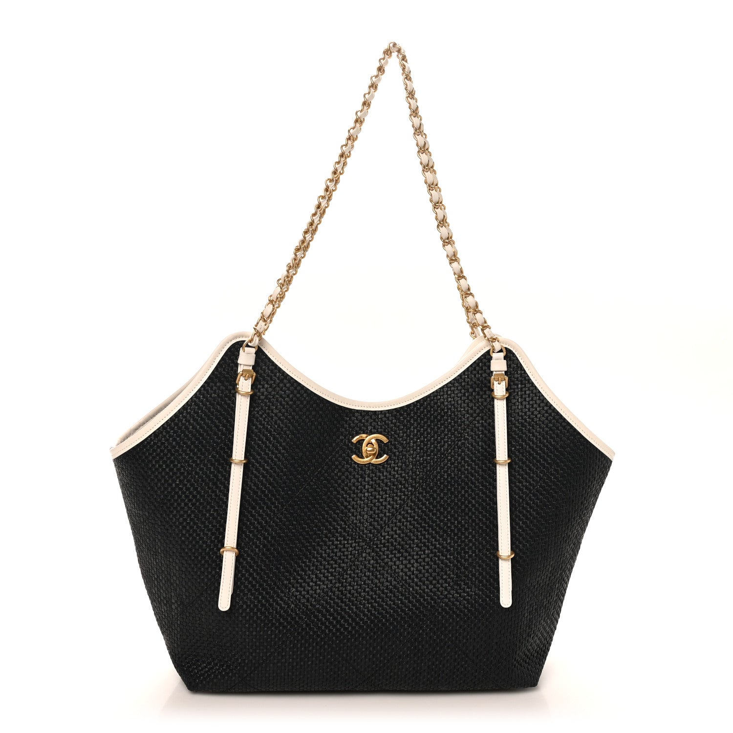 Chanel Calfskin Raffia Braided Small Shopping Tote Black White 1 of 11