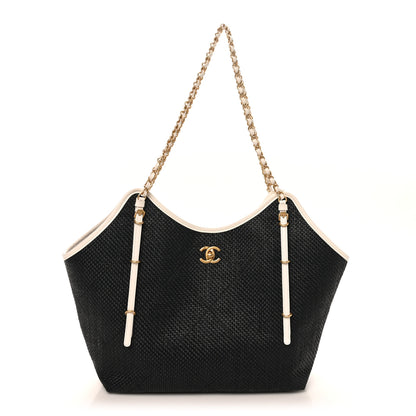 Chanel Calfskin Raffia Braided Small Shopping Tote Black White 1 of 11