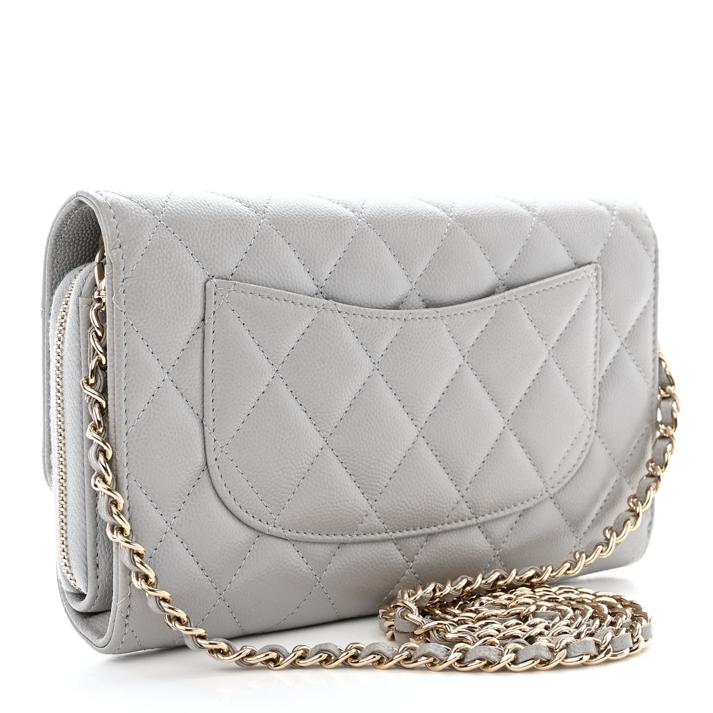 Caviar Quilted Phone Holder Wallet on Removable Chain Grey