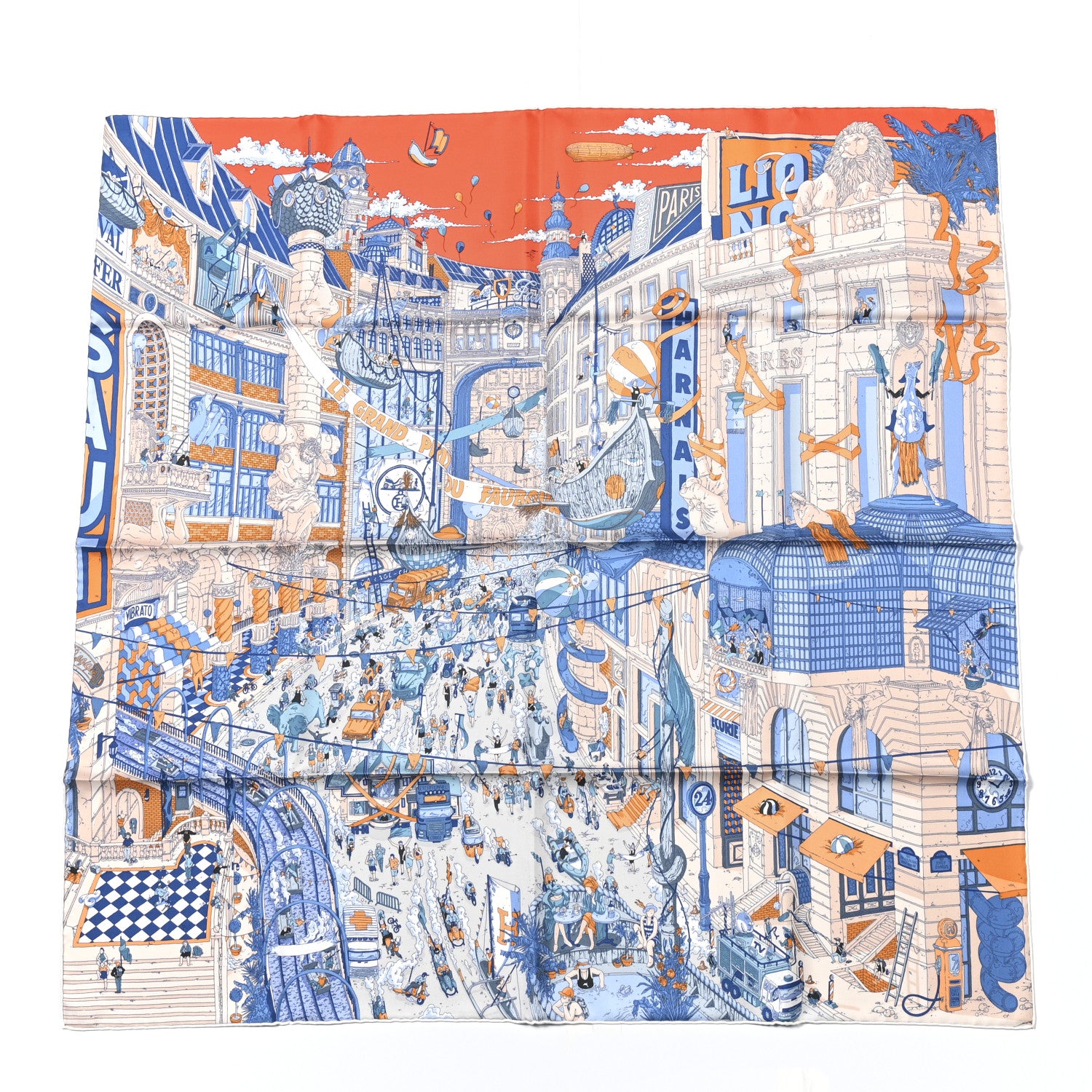 Hermes Silk Le Grand Prix du Faubourg Scarf 90 Orange Bleu White 1 of 5