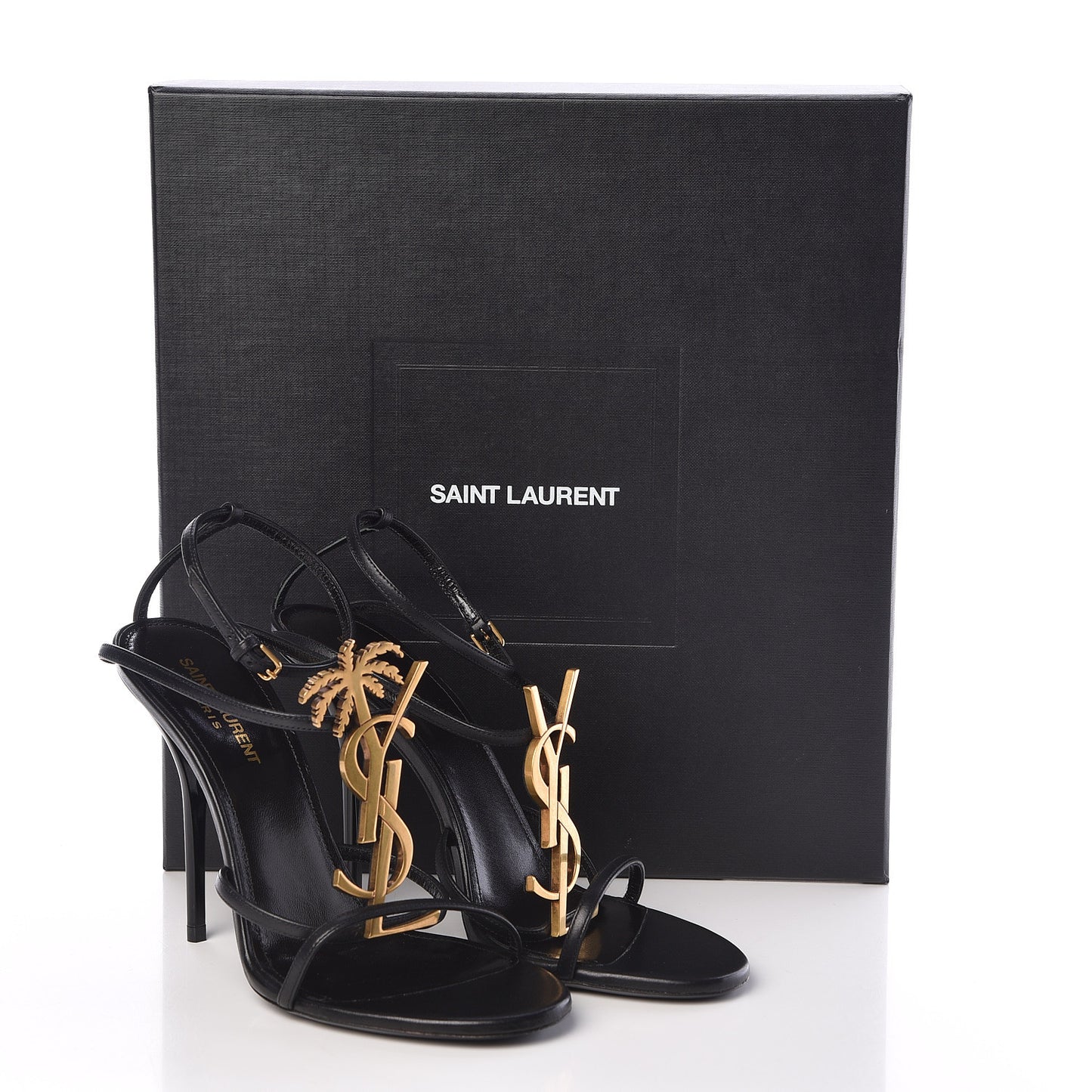 Calfskin Cassandra Palm Logo 110 Ankle Strap Sandals 38.5 Black