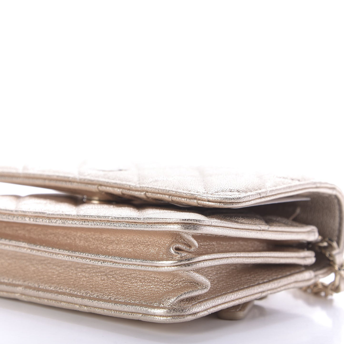 Metallic Lambskin Quilted Mini Wallet On Chain WOC Gold