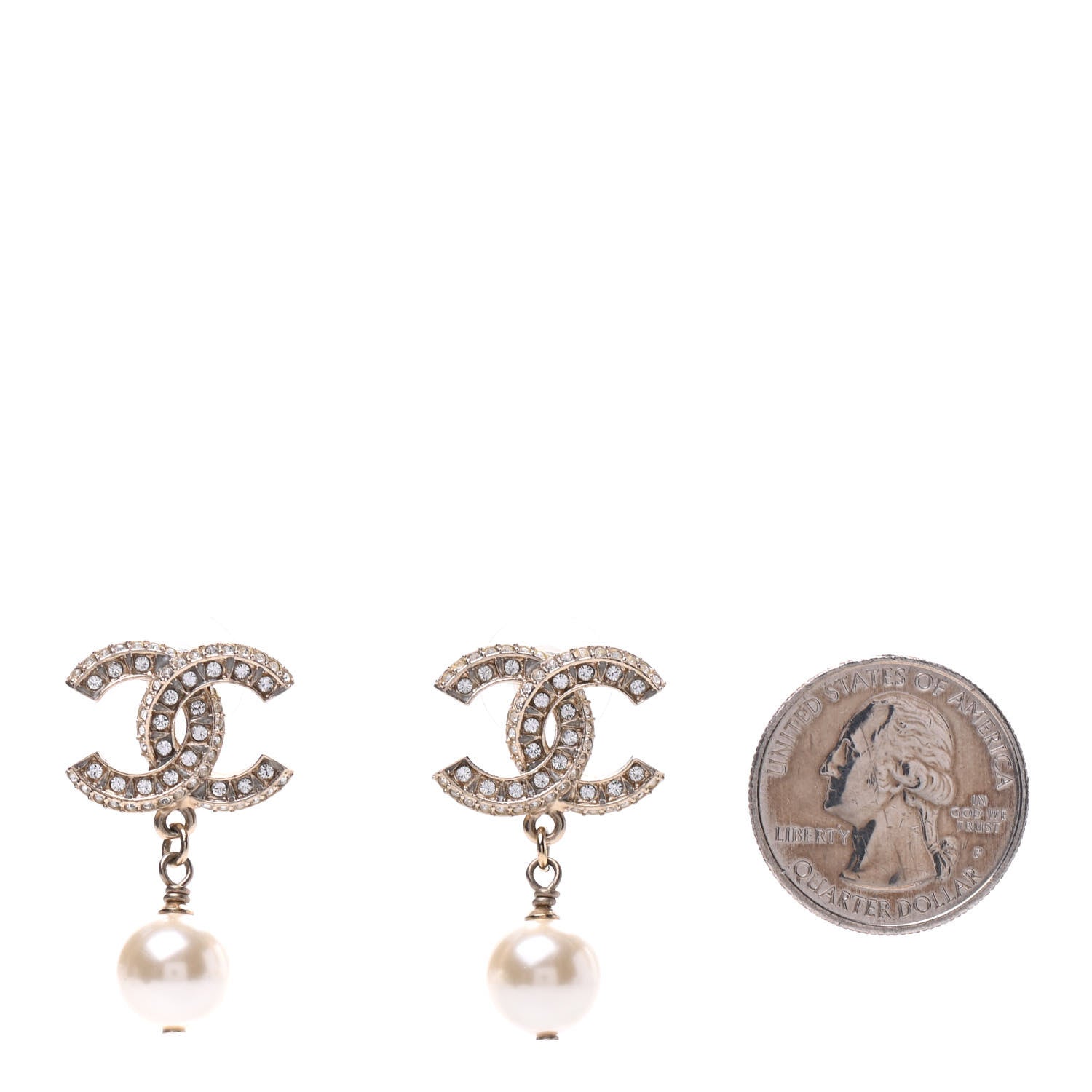 Chanel Crystal Pearl CC Drop Earrings Gold 2 of 5