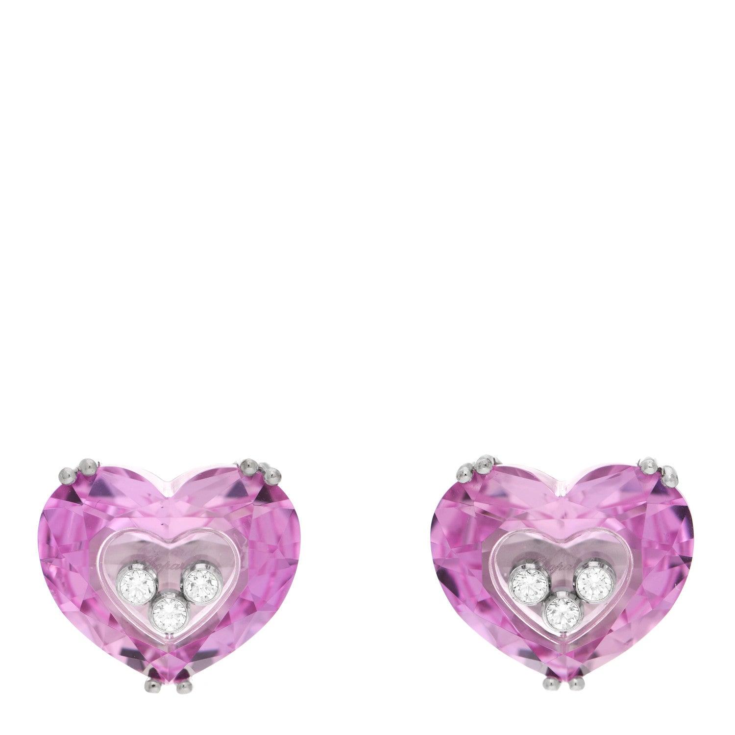 Chopard 18K White Gold Pink Sapphire 3 Diamonds So Happy Heart Earrings 1 of 5