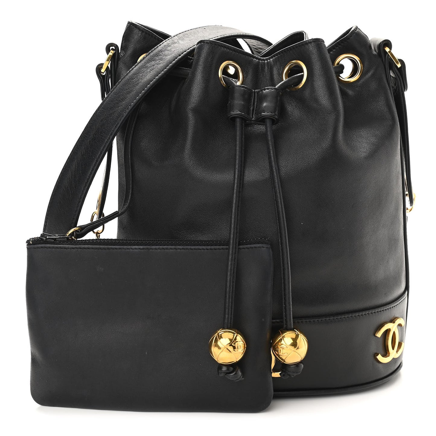 Lambskin CC Drawstring Shoulder Bag Black
