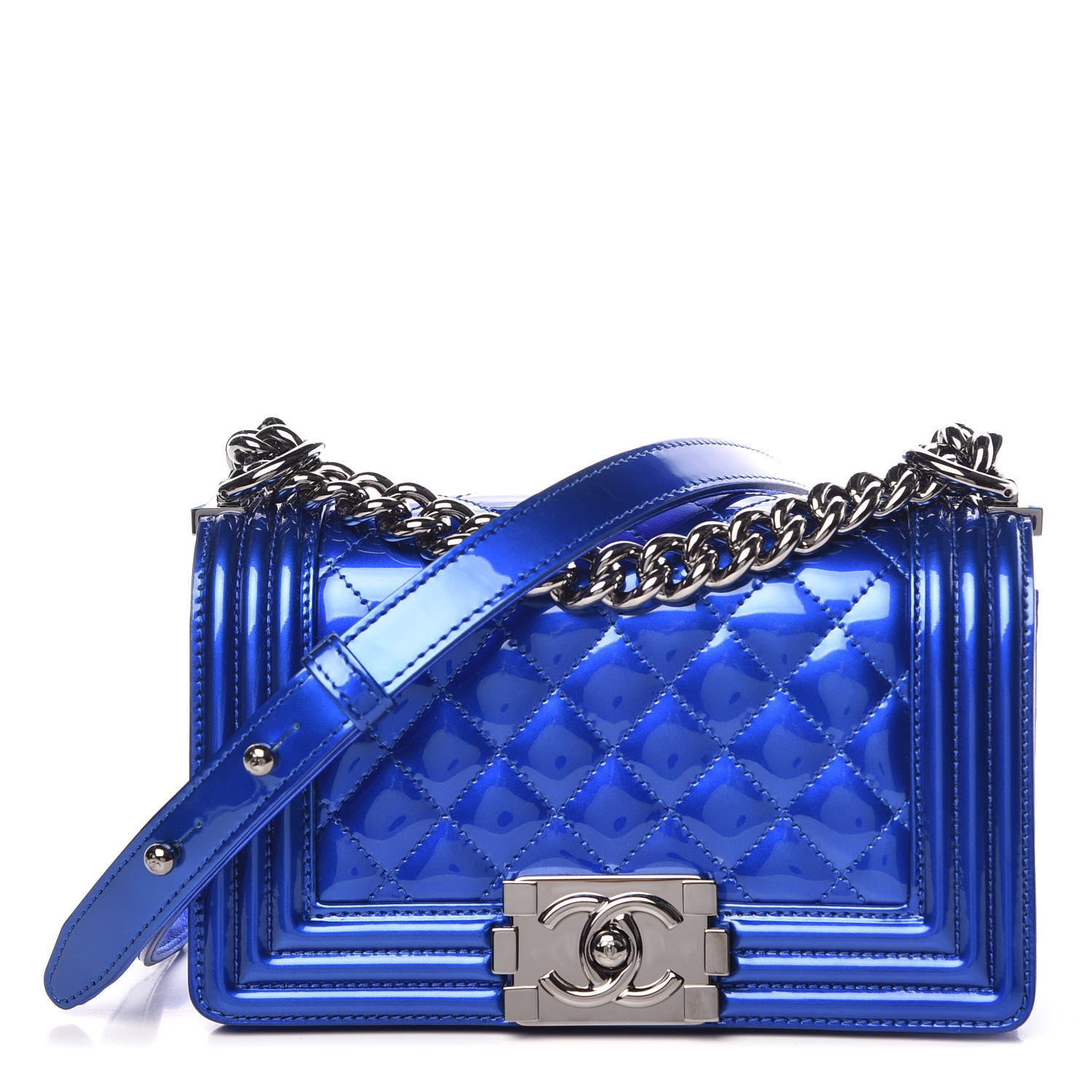 Chanel Metallic Patent Calfskin Quilted Small Boy Flap Blue 1 of 9