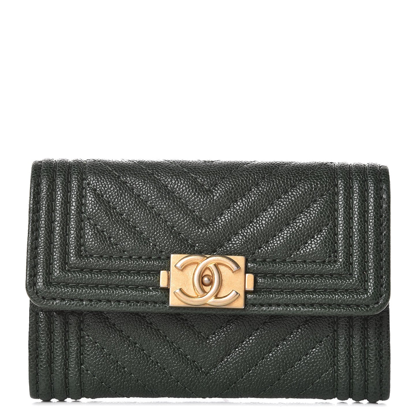 Caviar Chevron Quilted Boy Card Holder Wallet Green