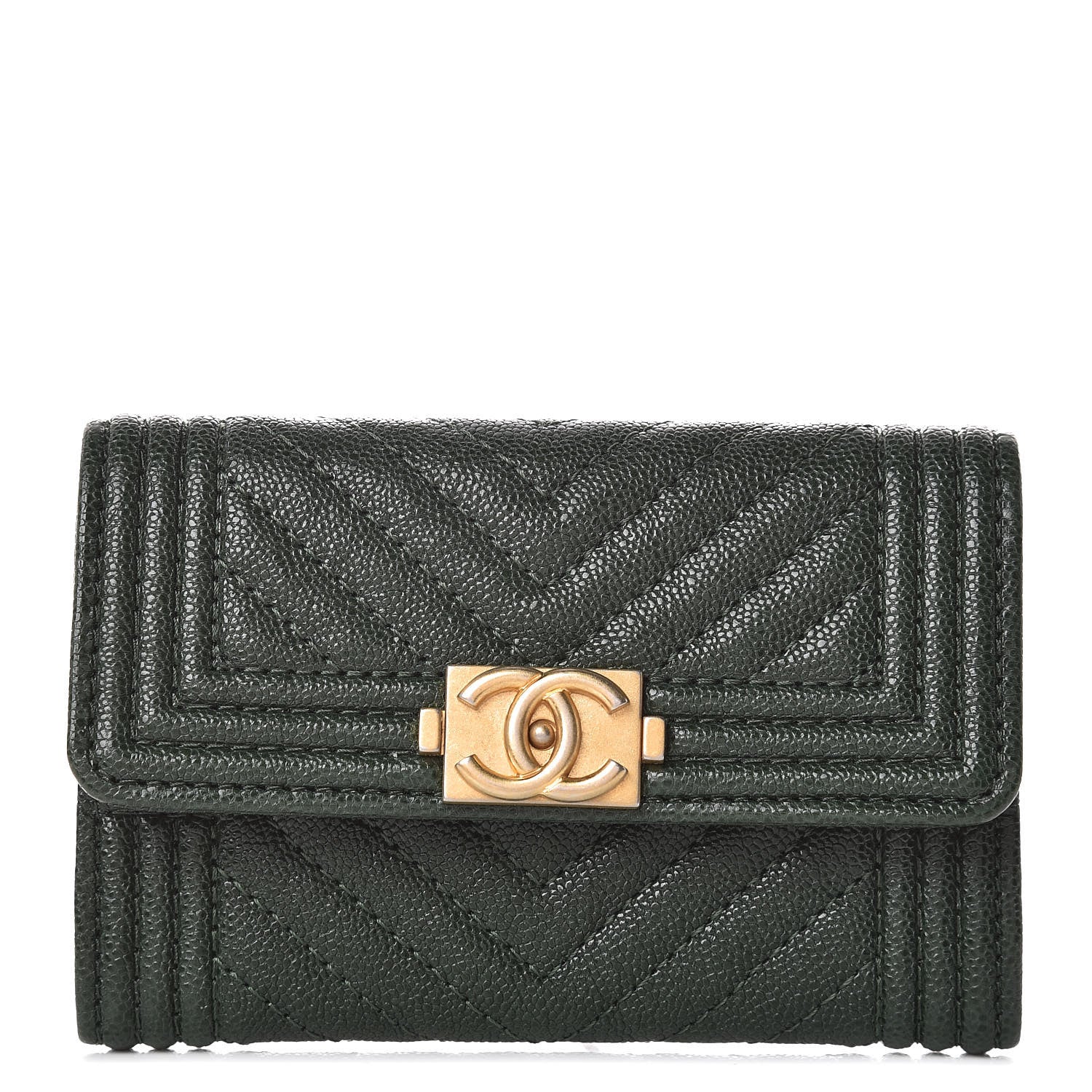 Chanel Caviar Chevron Quilted Boy Card Holder Wallet Green 1 of 9