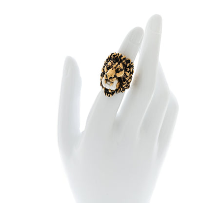 Gucci Metal Glass Pearl Lion Head Ring 10 62 Aged Gold 2 of 5
