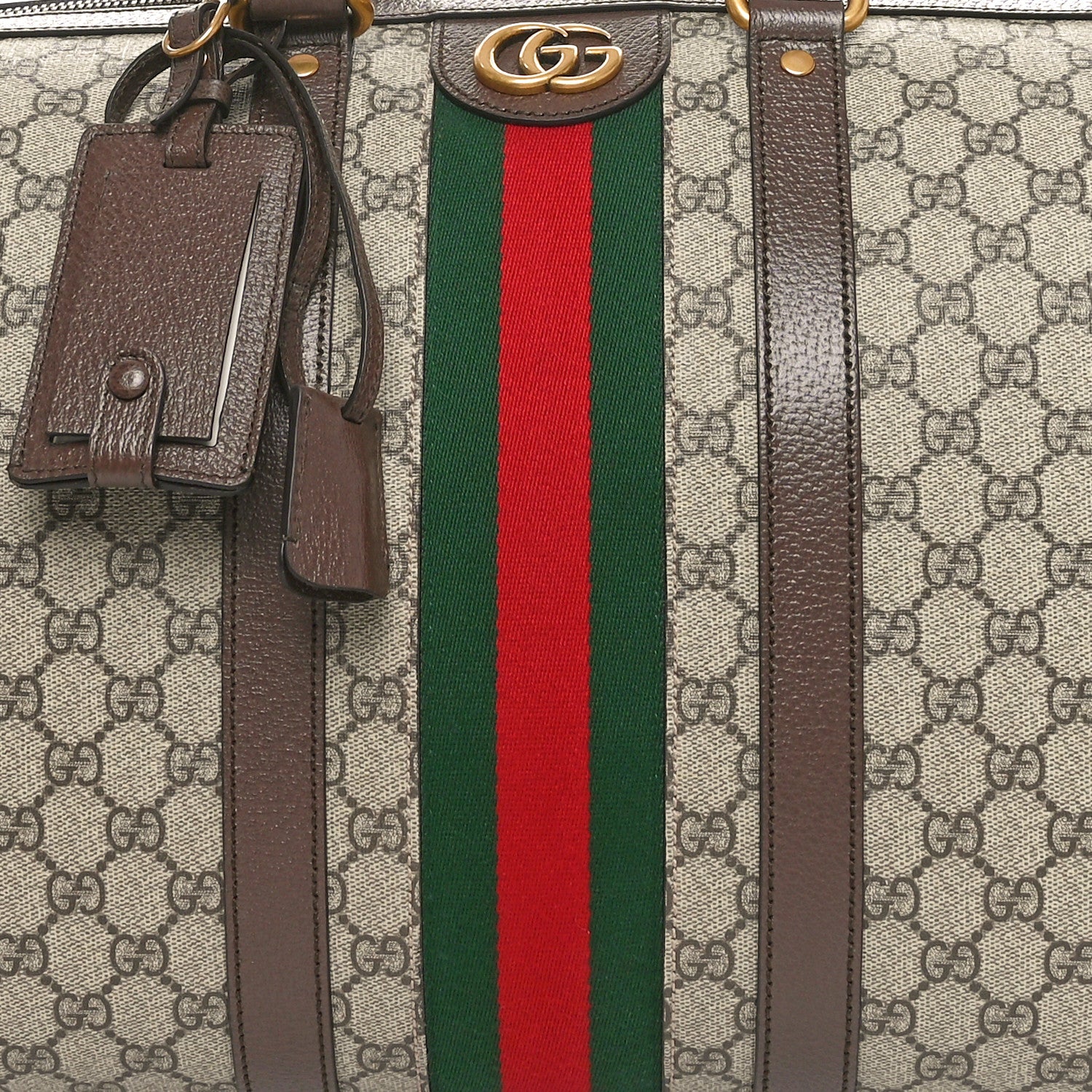 Gucci GG Supreme Monogram Textured Dollar Calfskin Web Medium Savoy Duffle Bag Beige Ebony New Acero 7 of 9