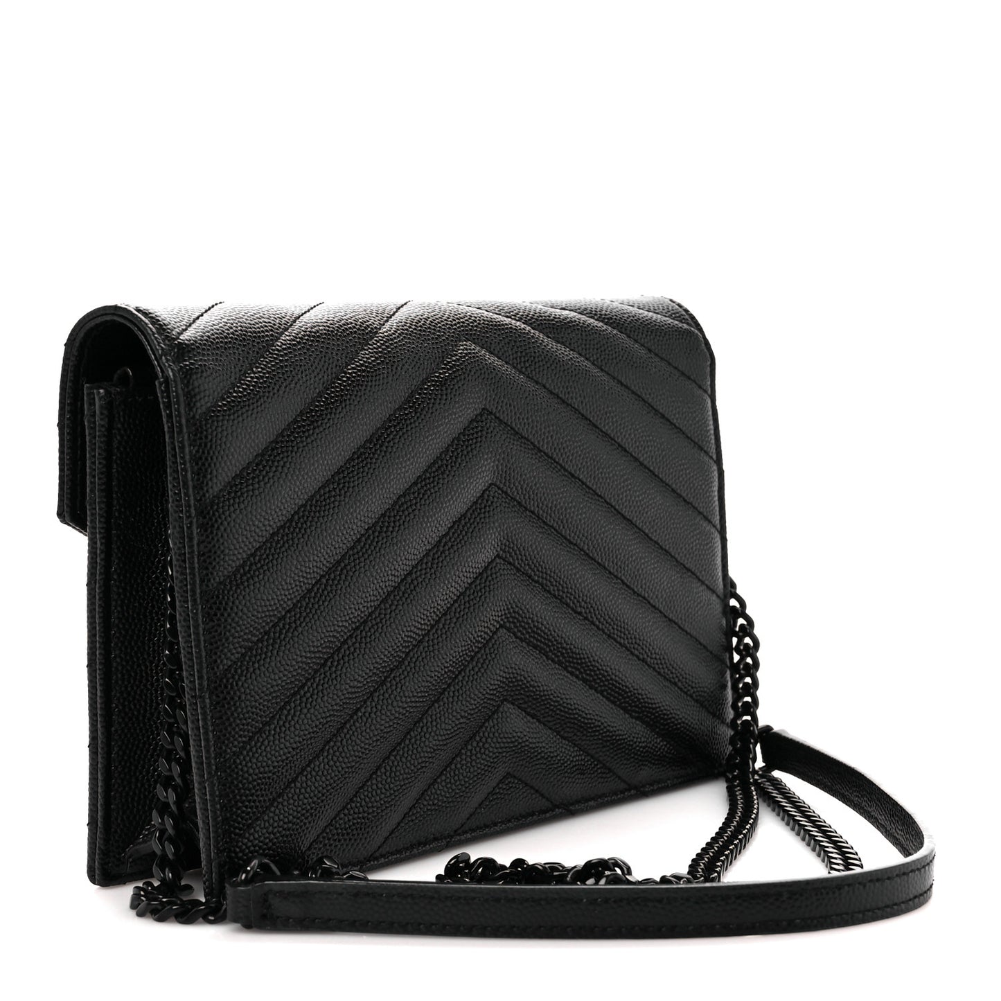 Grain De Poudre Matelasse Chevron Monogram Monochrome Envelope Chain Wallet Black