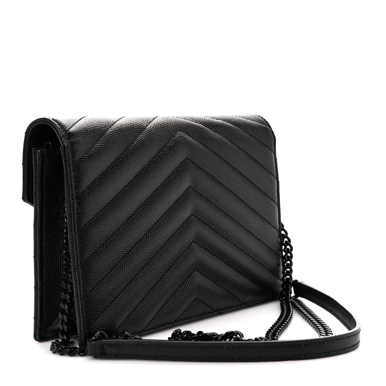 Saint Laurent Grain De Poudre Matelasse Chevron Monogram Monochrome Envelope Chain Wallet Black 3 of 9