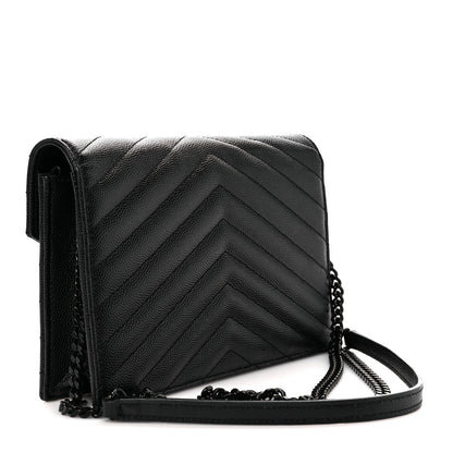 Saint Laurent Grain De Poudre Matelasse Chevron Monogram Monochrome Envelope Chain Wallet Black 3 of 9