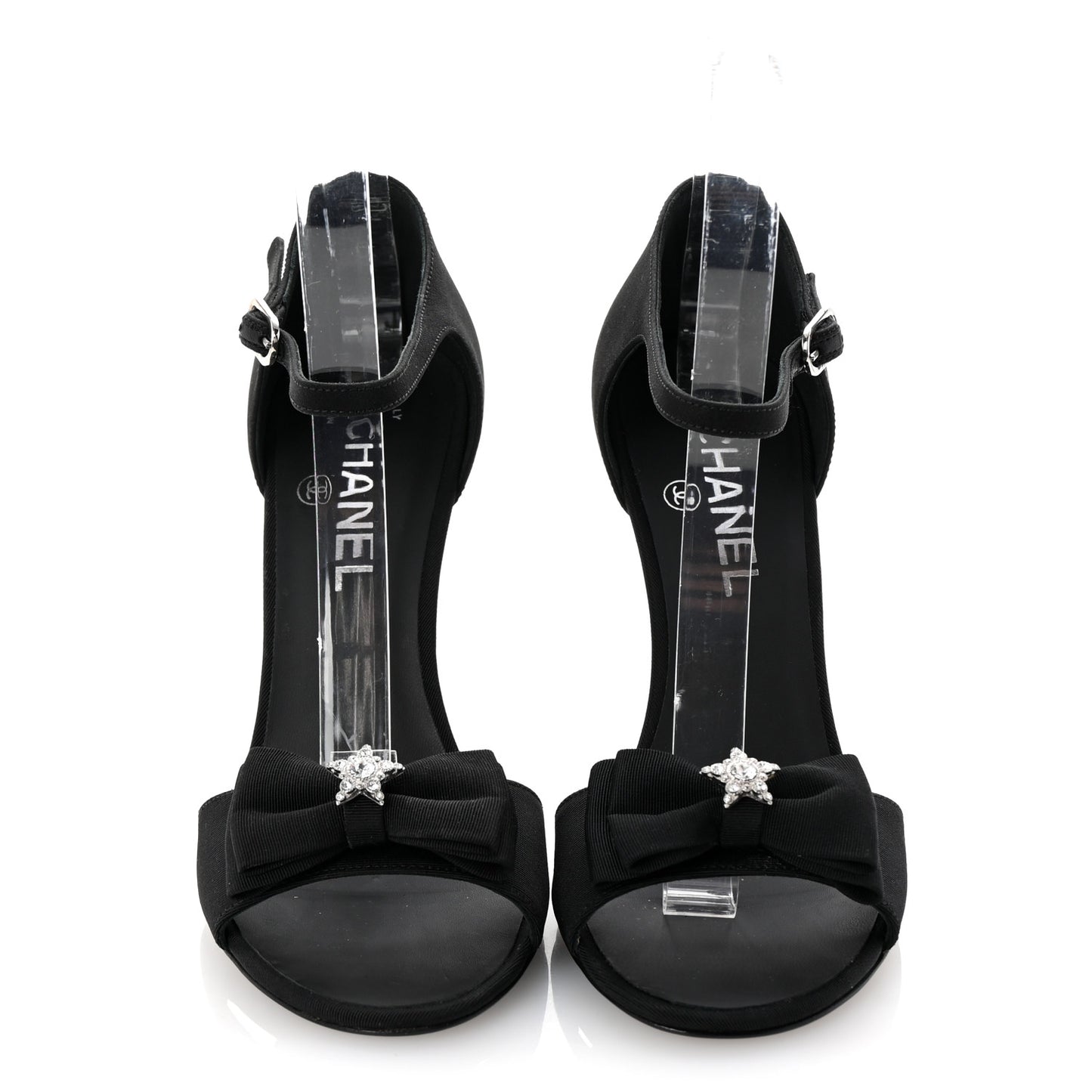 Crepe Grosgrain Crystal Bow Open Toe Sandals 37 Black