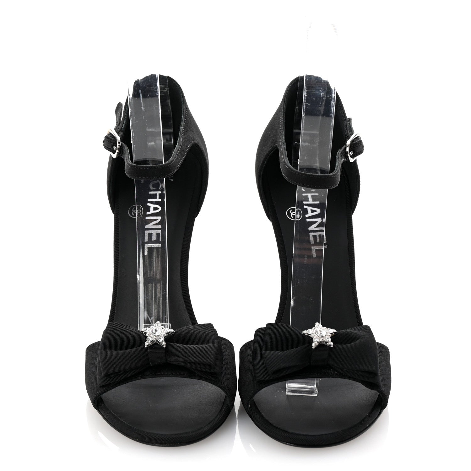 Chanel Crepe Grosgrain Crystal Bow Open Toe Sandals 37 Black 3 of 10