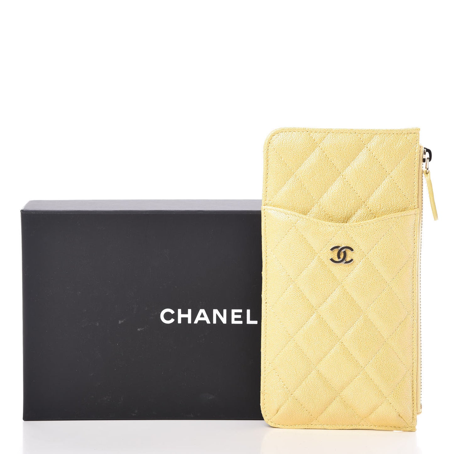 Iridescent Caviar Quilted Classic Flat Wallet Pouch Yellow