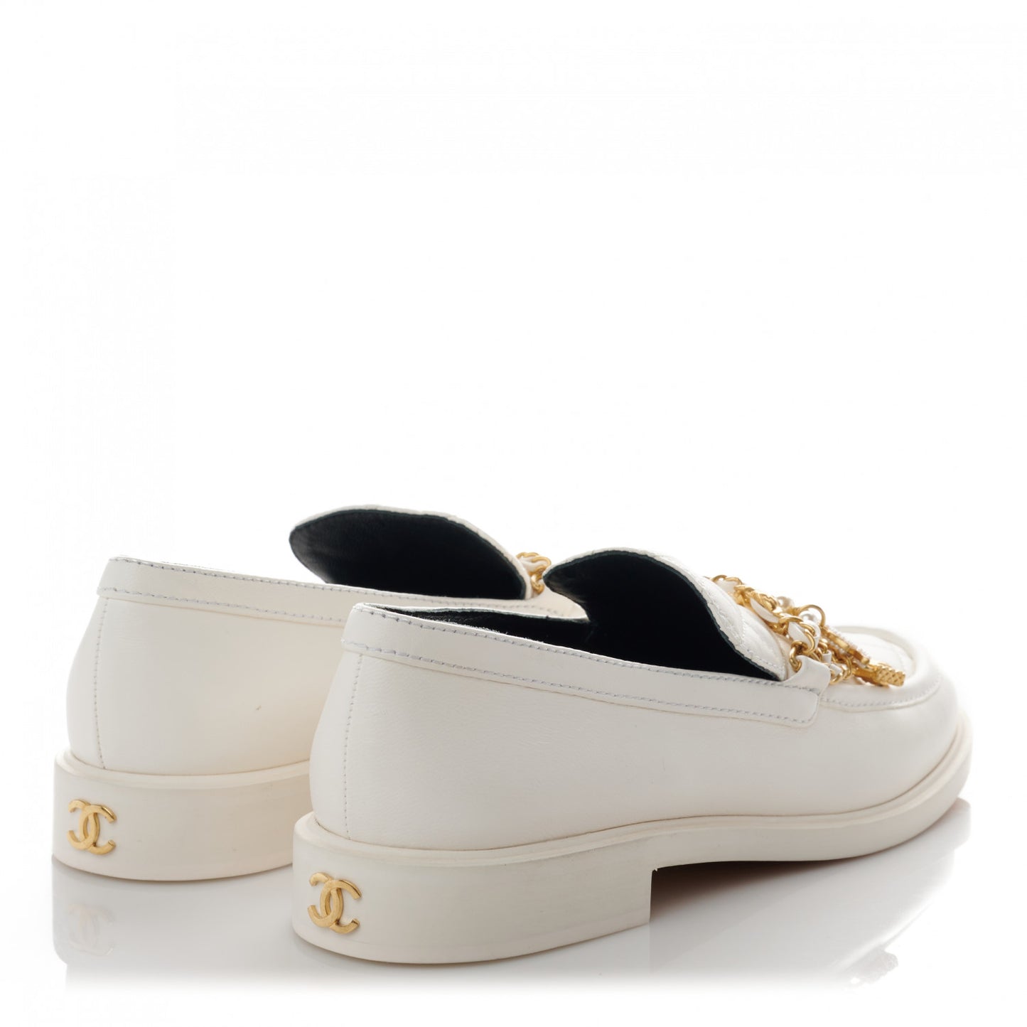 Lambskin Pearl Crystal Quilted CC Logo Jewelry Loafers 40 White