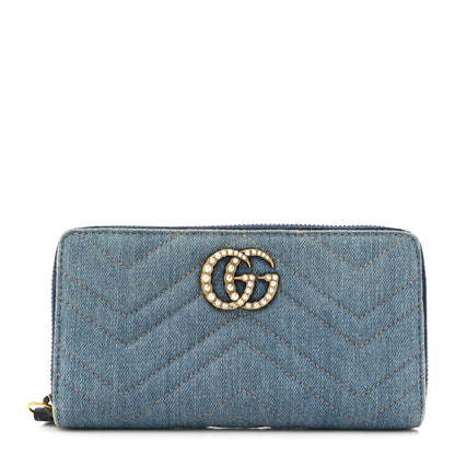 Gucci Denim Matelasse Pearly GG Marmont Zip Around Wallet Blue 1 of 12