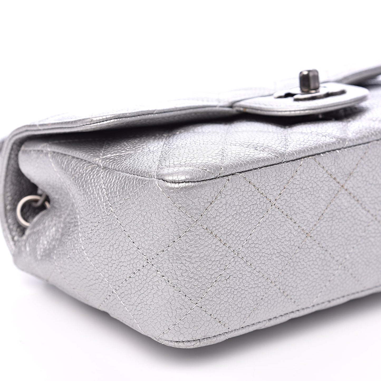 Metallic Caviar Quilted Mini Rectangular Flap Silver