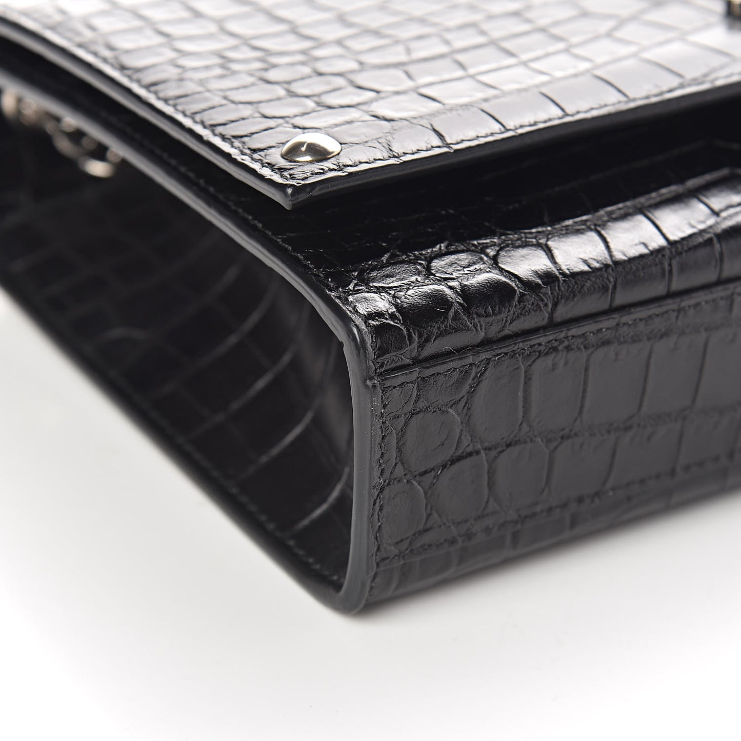 Calfskin Crocodile Embossed Medium Classic Monogram Kate Satchel Black