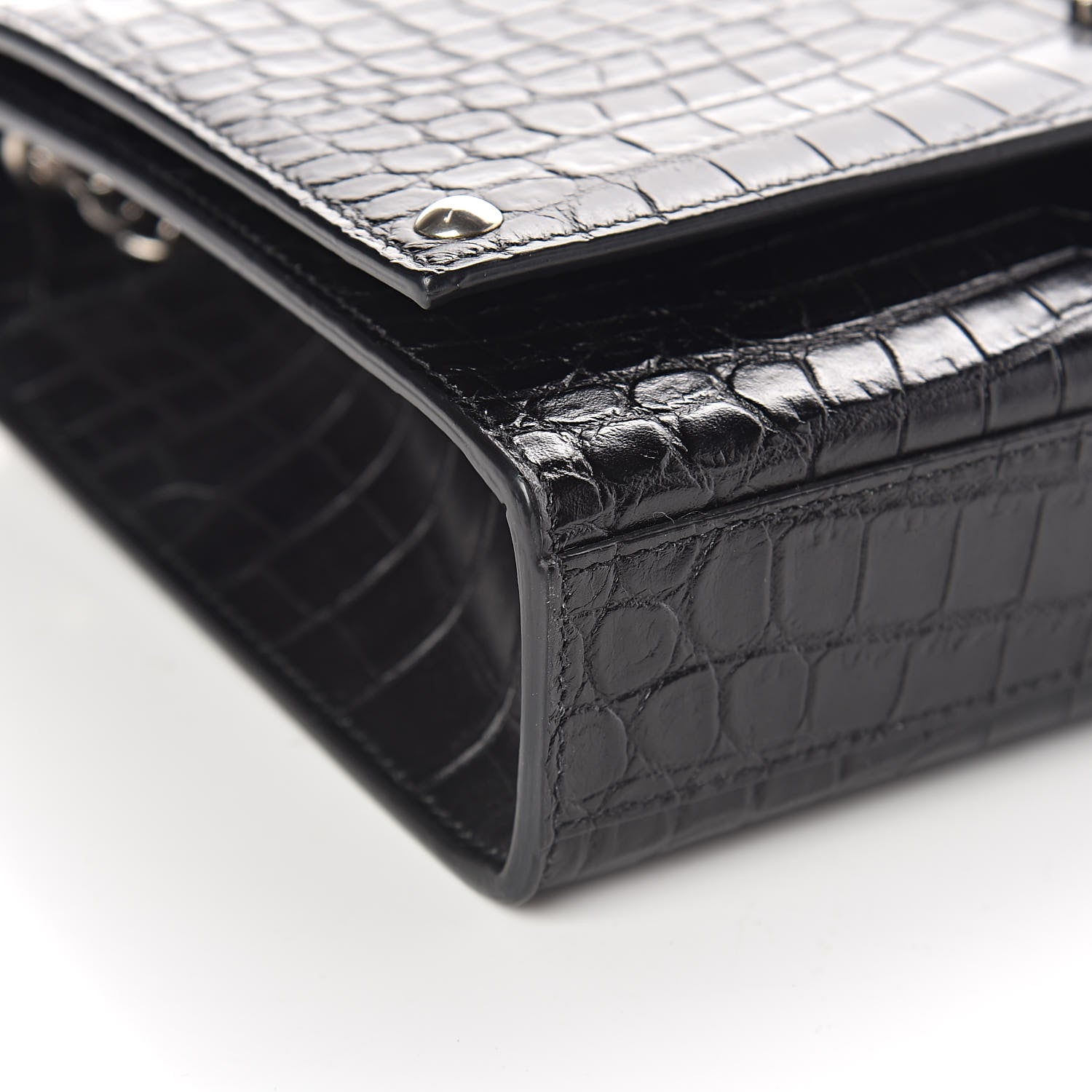 Saint Laurent Calfskin Crocodile Embossed Medium Classic Monogram Kate Satchel Black 8 of 9