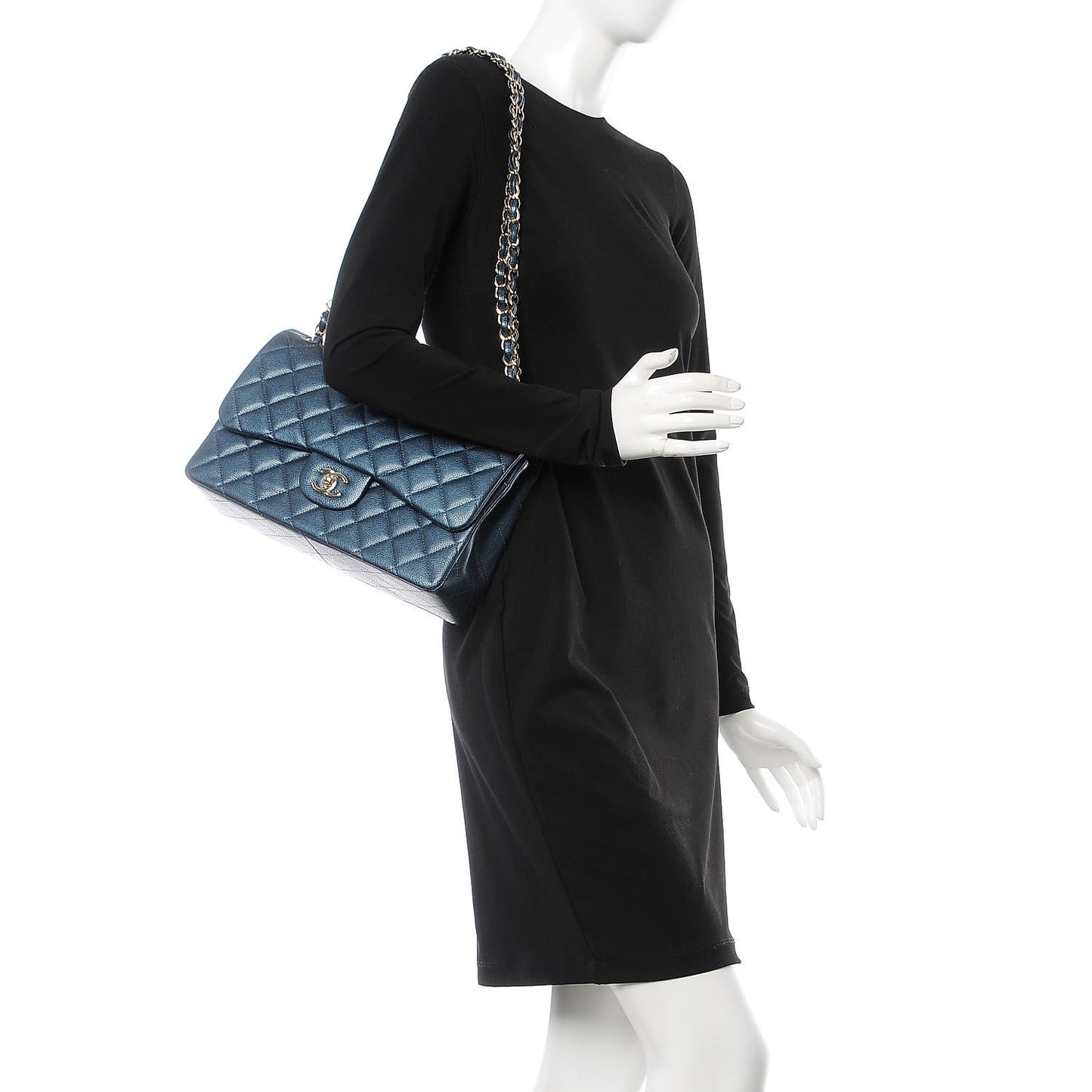 Metallic Caviar Quilted Jumbo Double Flap Dark Blue