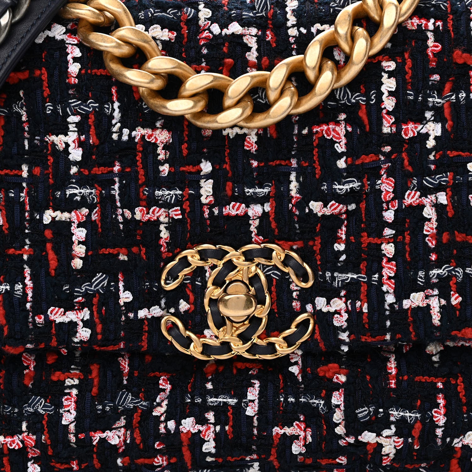 Chanel Tweed Quilted Medium Chanel 19 Flap Navy Blue White Red 8 of 11