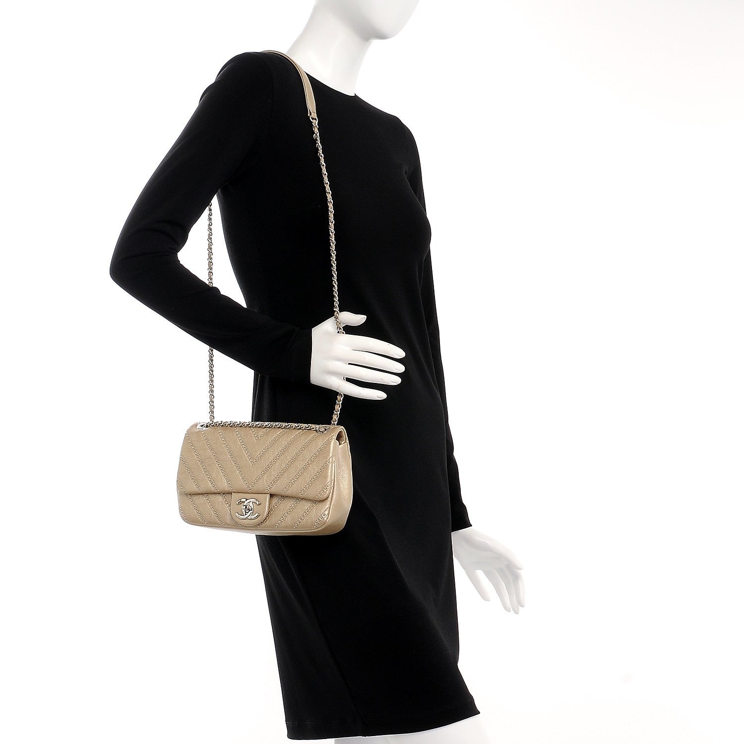 Chanel Metallic Calfskin Studded Chevron Quilted Wars Flap Gold 2 of 8