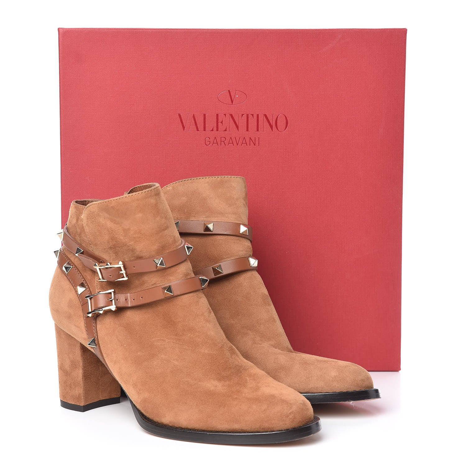 Valentino Garavani Suede Rockstud Double Buckle 70mm Block Heel Ankle Boots 38.5 Tobacco 12 of 12