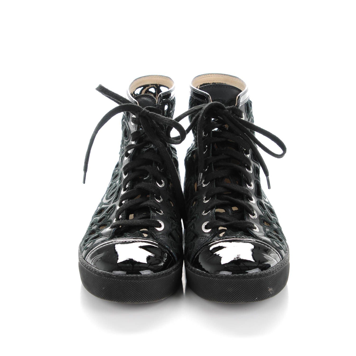Chanel Patent Grained Goatskin Hollow Out Flower Sneakers 39 Black 2 of 7