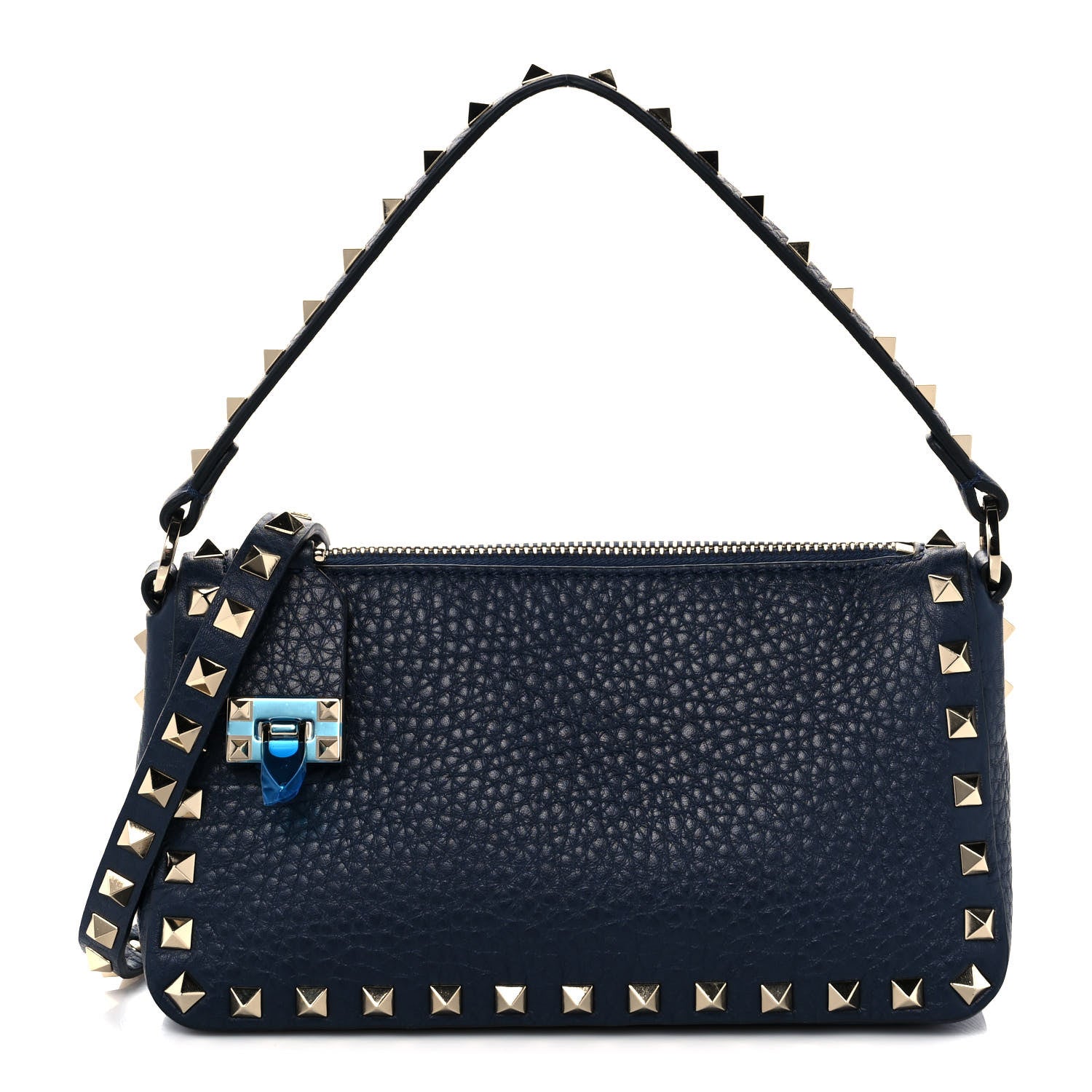 Valentino Garavani Pebbled Calfskin Small Rockstud Flip Lock Shoulder Bag Marine 1 of 9