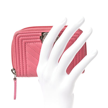 Chanel Calfskin Chevron Quilted Zip Around Boy Coin Purse Wallet Pink 2 of 16