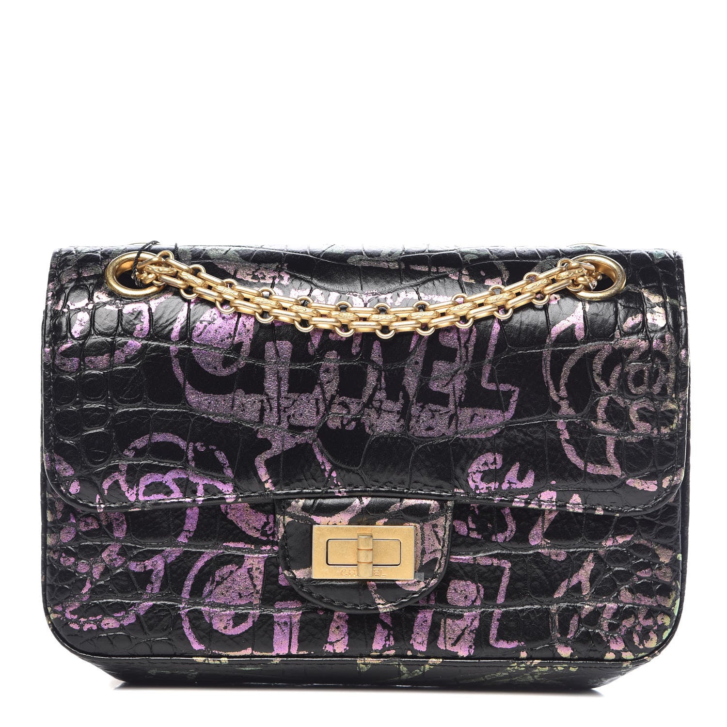Chanel Calfskin Crocodile Embossed Graffiti 2.55 Mini Cocodile Reissue Flap Black Pink 1 of 12