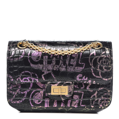 Chanel Calfskin Crocodile Embossed Graffiti 2.55 Mini Cocodile Reissue Flap Black Pink 1 of 12