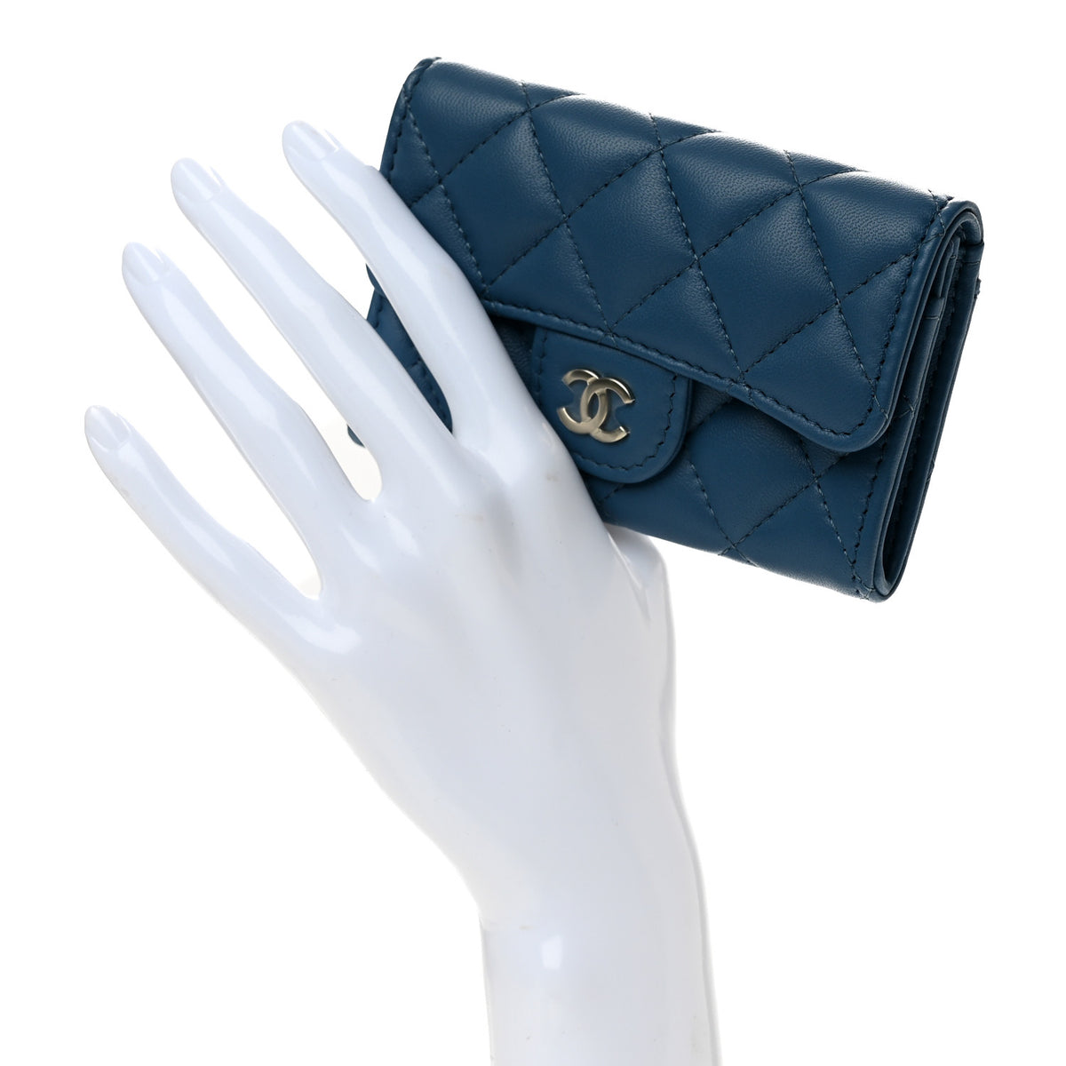 Lambskin Quilted Flap Card Holder Wallet Dark Blue