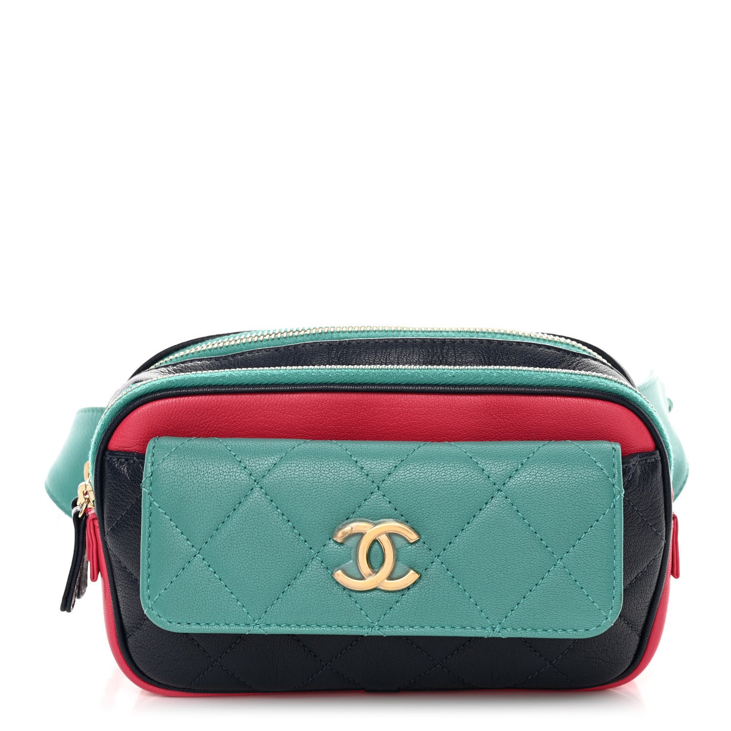 Goatskin Quilted Tri-Color In & Out Waist Bag Navy Turquoise Pink